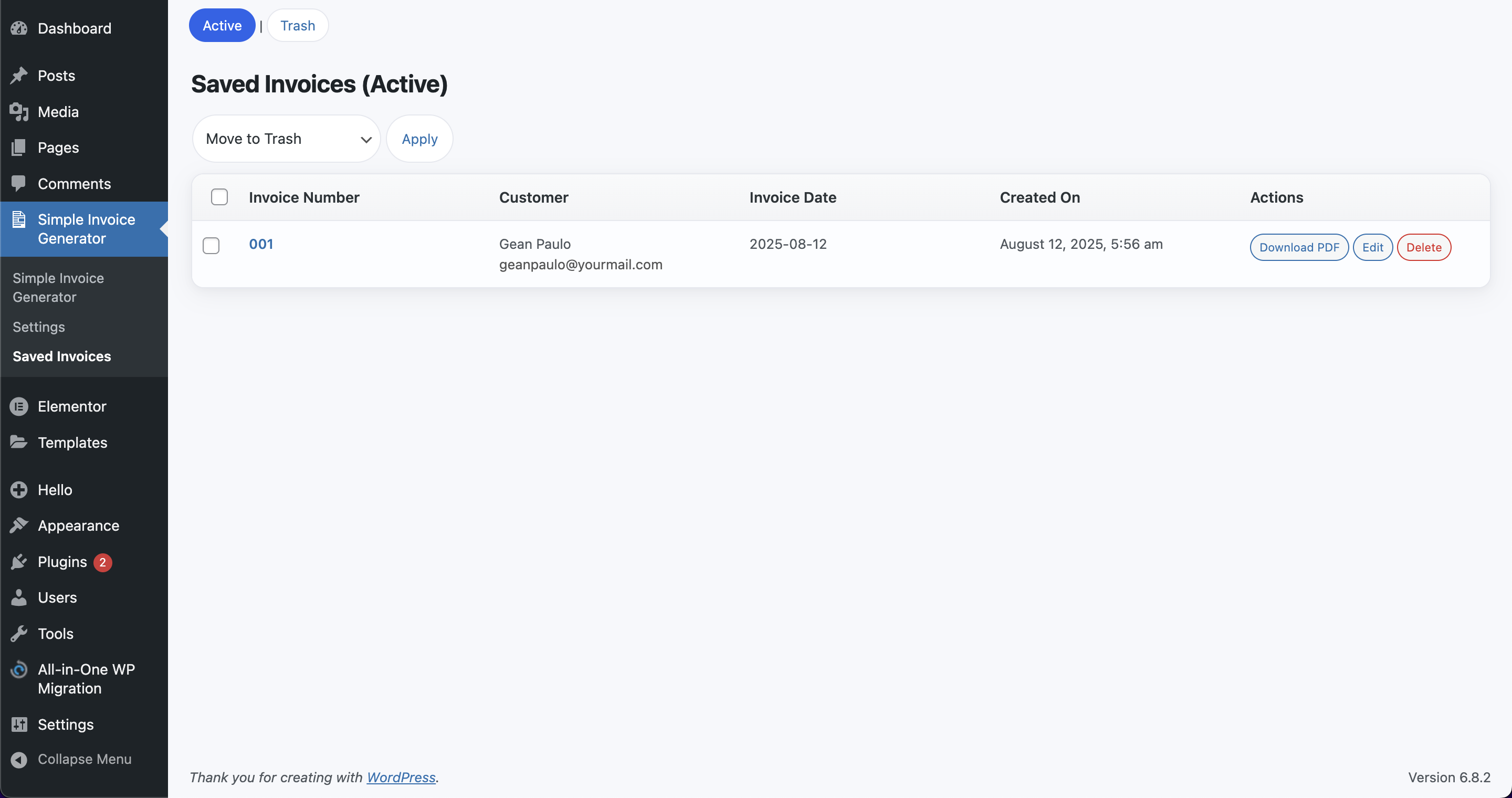 Invoice list screenshot