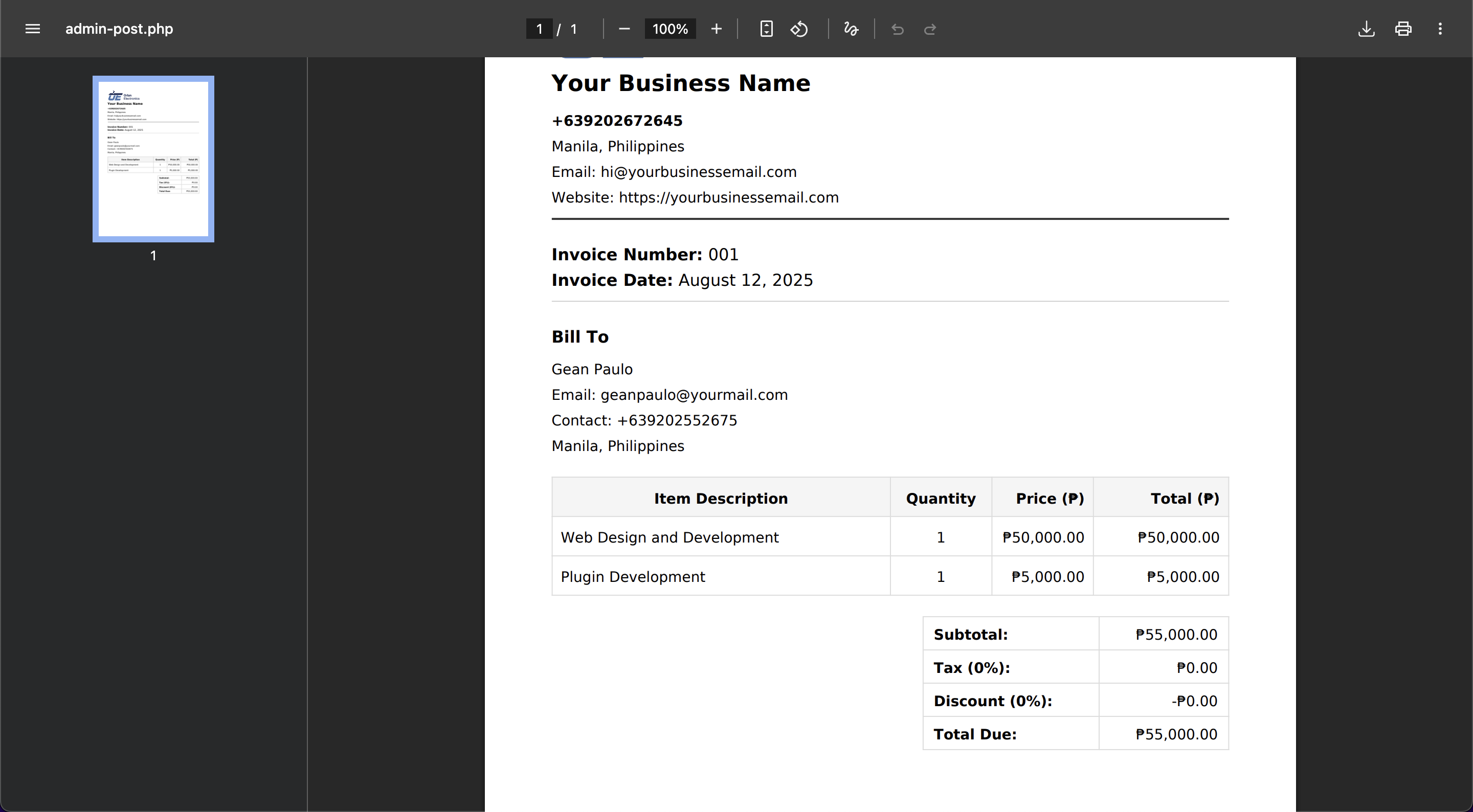 Invoice PDF preview screenshot